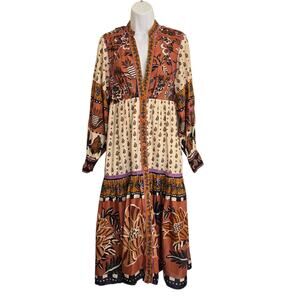 Farm Rio Beige Ainika Floral Boho Midi Long Sleeve Dress XS